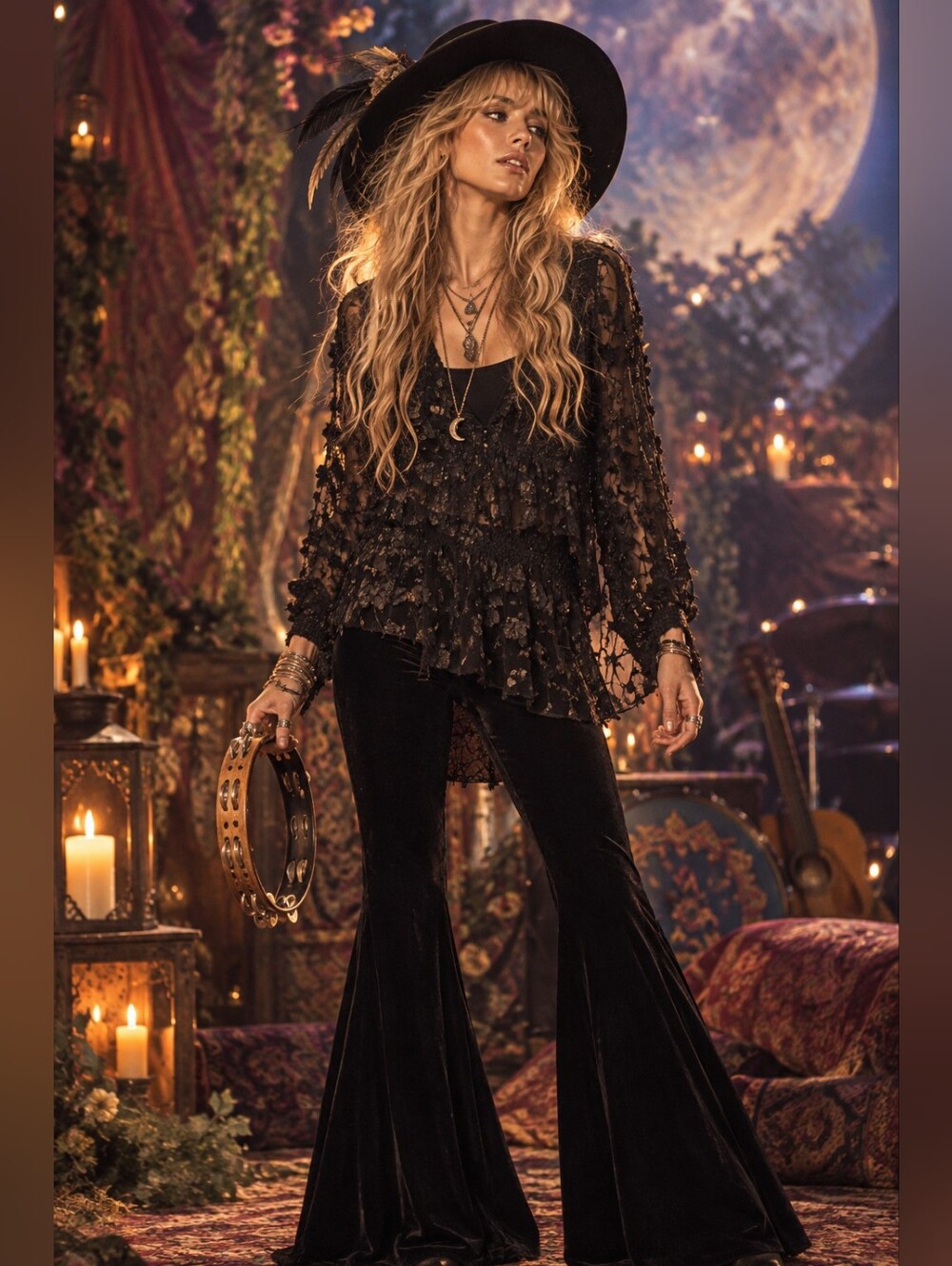 #22 Women's Black Sheer Lace Boho Blouse